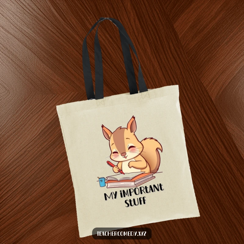 Funny tote bag with a diligent squirrel meticulously grading papers with a tiny red pen, ideal for humorous organization.