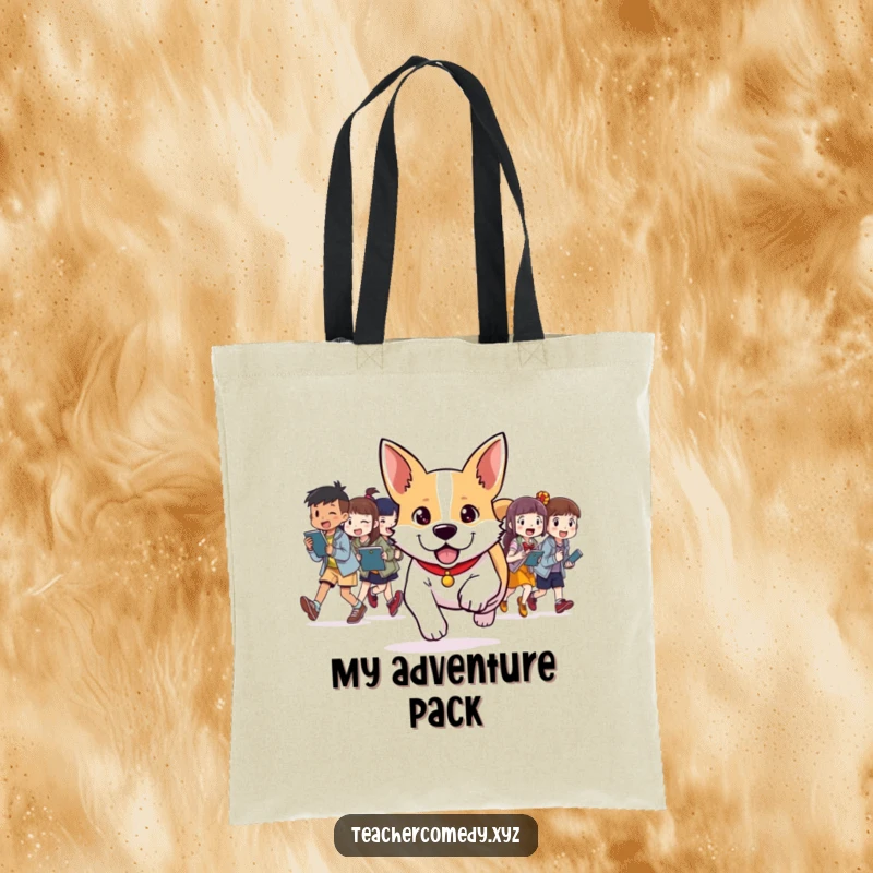 Funny tote bag showing a determined dog leading students in a fun activity, ideal for carrying school supplies or daily necessities.