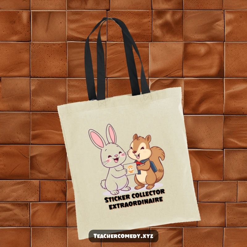 Funny tote bag with a cheerful bunny giving a sticker to a studious squirrel, perfect for carrying books and essentials with humor.